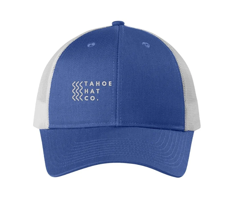 Blue and white mesh-back trucker hat with Tahoe lake-line artwork